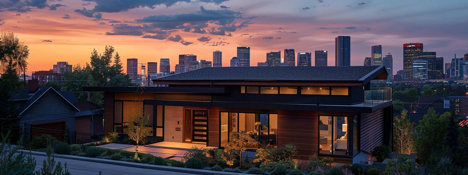 a contemporary urban home showcases an aesthetically striking shingle roof in a rich charcoal hue, harmonizing with sleek modern architecture and enhancing its visual appeal against a vibrant city skyline at dusk. a contemporary urban home showcases an aesthetically striking shingle roof in a rich charcoal hue, harmonizing with sleek modern architecture and enhancing its visual appeal against a vibrant city skyline at dusk.