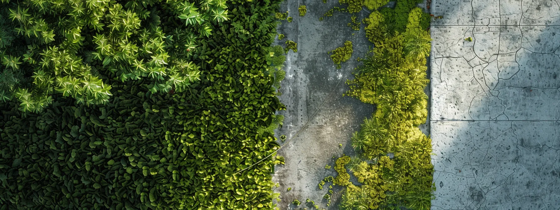 a contrasting photo of a lush green landscape with concrete and asphalt pavements under various weather conditions, highlighting the environmental impact and climate suitability of each material. a contrasting photo of a lush green landscape with concrete and asphalt pavements under various weather conditions, highlighting the environmental impact and climate suitability of each material.