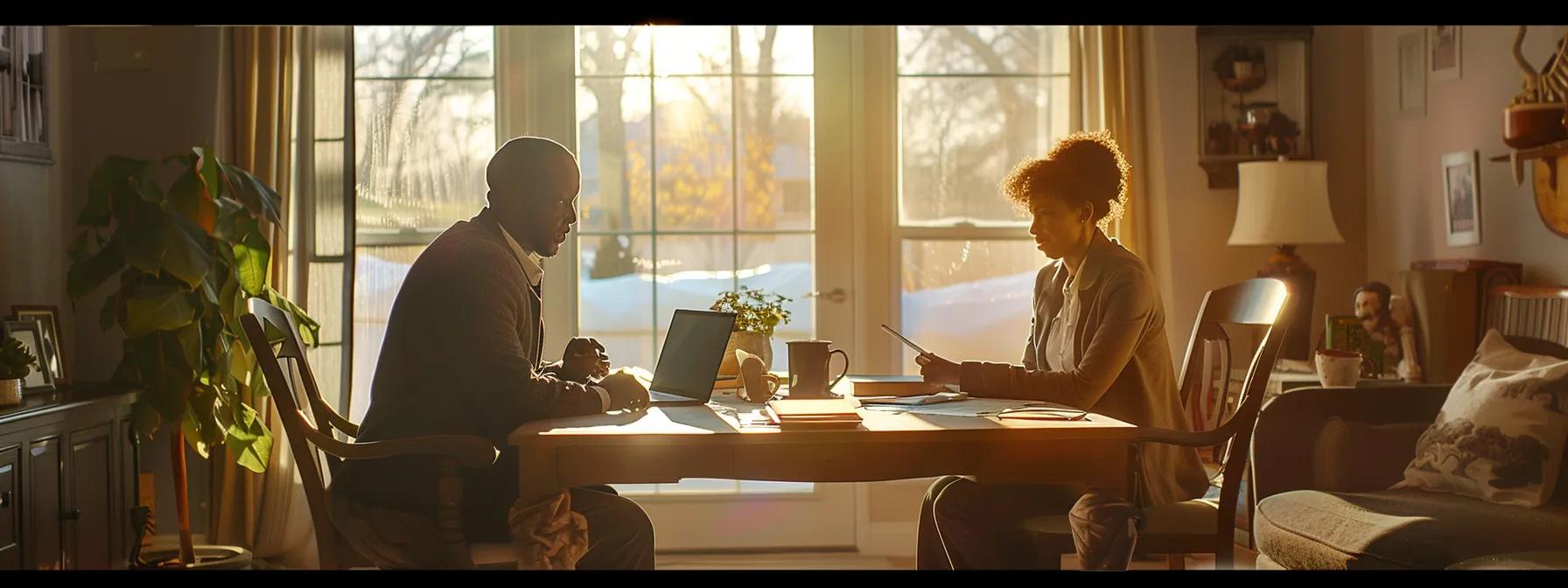 a couple sitting at a cozy home office desk with financial documents, a laptop, and a real estate agent discussing home purchase details in a warm, welcoming setting. a couple sitting at a cozy home office desk with financial documents, a laptop, and a real estate agent discussing home purchase details in a warm, welcoming setting.