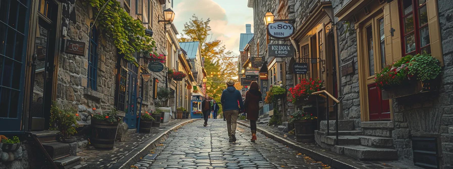 a couple strolls hand-in-hand along a cobblestone street flanked by centuries-old stone buildings adorned with vibrant window boxes, while the warm glow of sunset casts a romantic light over a quaint heritage town, inviting exploration of its charming cafes and hidden art studios.