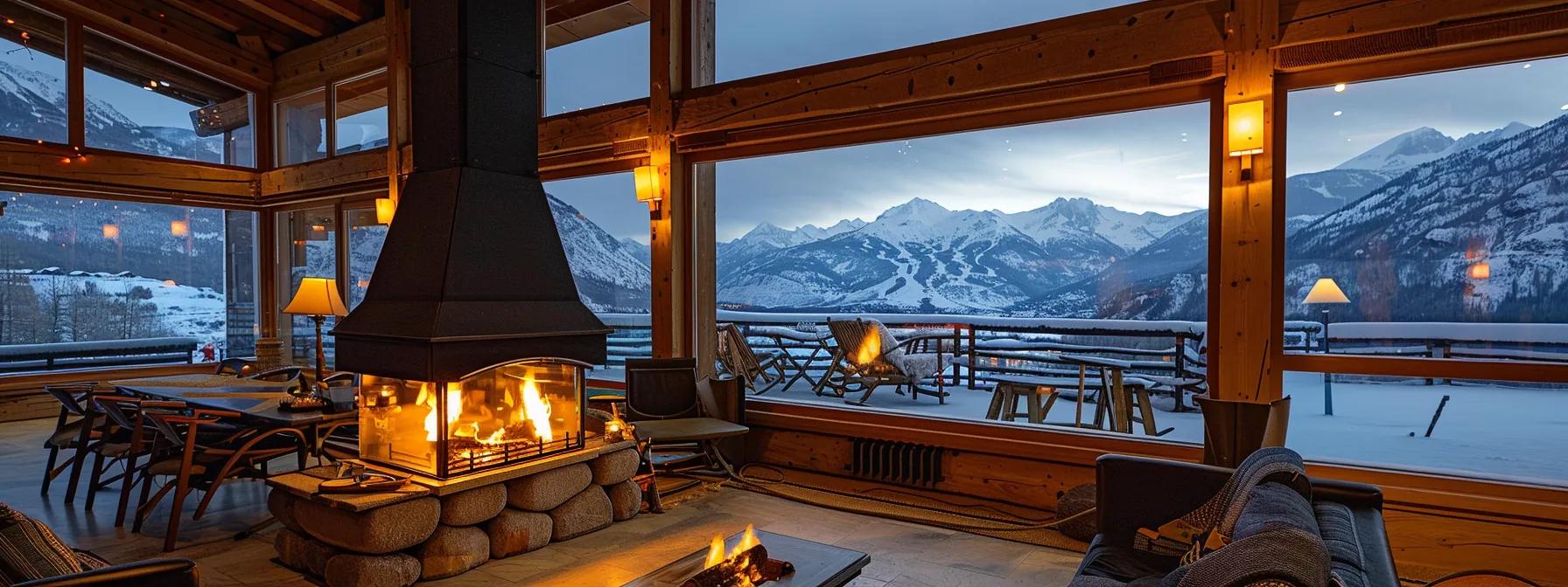 a cozy alpine lodge interior features a crackling fireplace, with panoramic windows framing majestic snow-capped mountains, inviting couples to unwind and enjoy the serene high-altitude escape.
