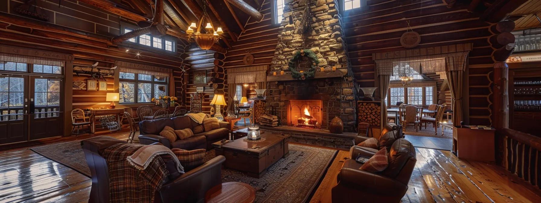 a cozy and elegantly designed lodge interior in blue ridge, featuring a warm fireplace, plush seating, and rustic charm, inviting couples to relax and explore their ideal getaway.