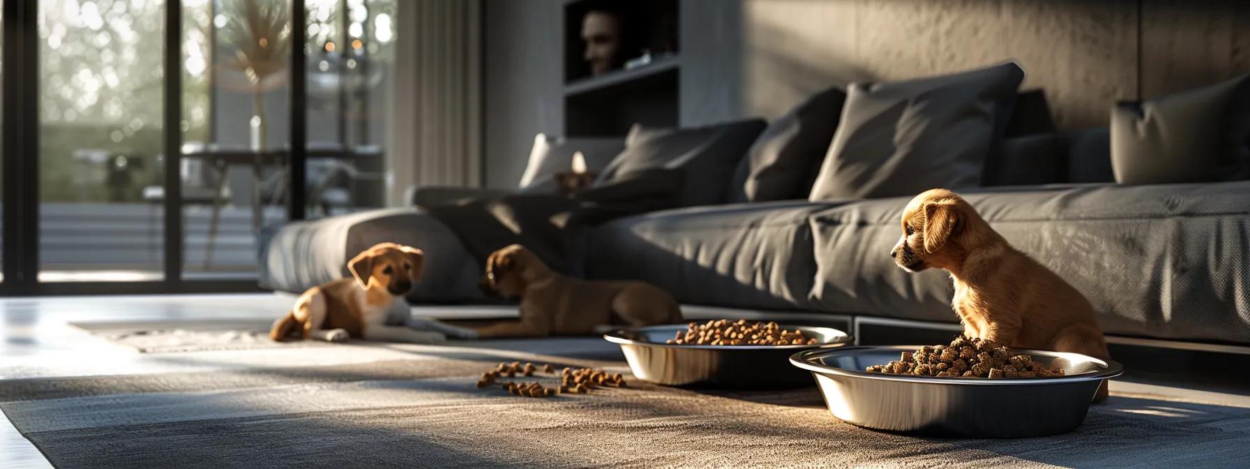 a cozy and inviting puppy feeding area features a sleek, modern bowl overflowing with vibrant, high-quality wet dog food, surrounded by playful puppies eagerly exploring the rich textures and enticing aromas.