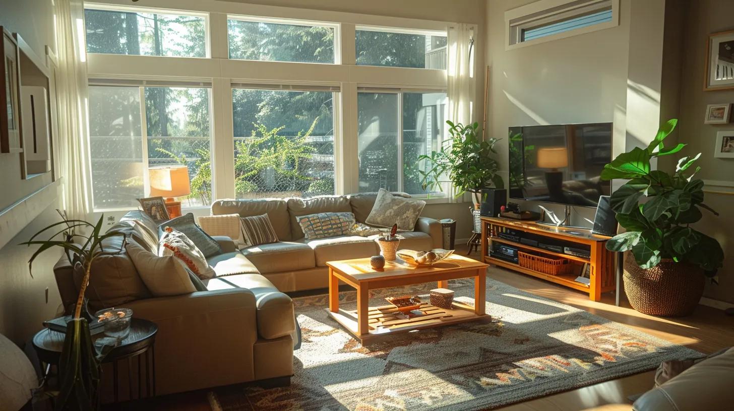 a cozy, beautifully designed living room with large windows allowing natural light to flood in, showcasing a harmonious blend of modern aesthetics and personal touches that reflect the homeowner's unique style. a cozy, beautifully designed living room with large windows allowing natural light to flood in, showcasing a harmonious blend of modern aesthetics and personal touches that reflect the homeowner's unique style.