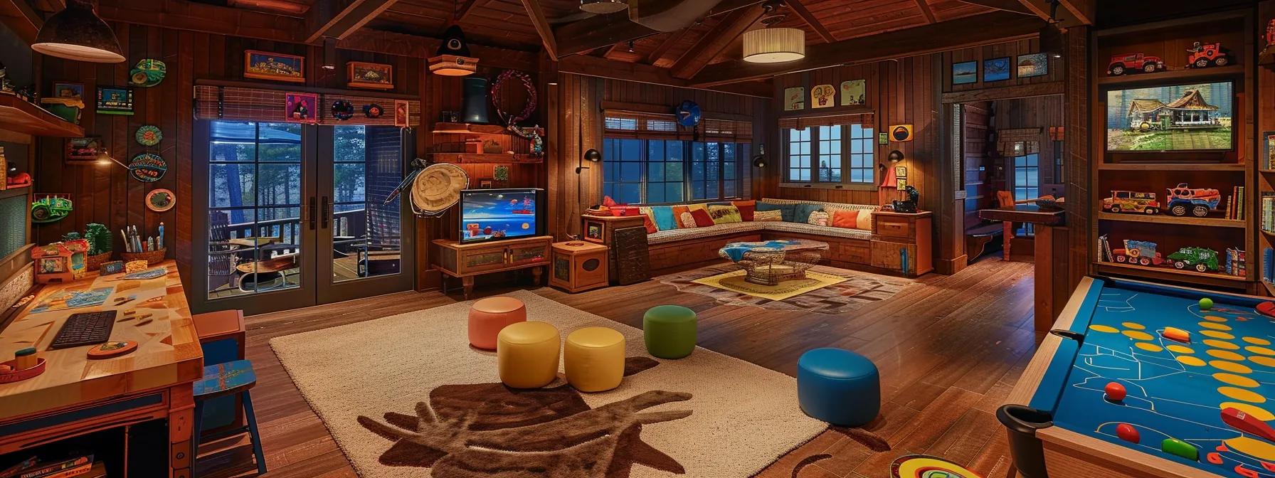 a cozy cabin interior designed for family vacations, featuring playful, themed décor, spacious living areas with comfortable seating, a vibrant game room, and a warm, inviting kitchen, all illuminated by soft, ambient lighting that enhances the welcoming atmosphere. a cozy cabin interior designed for family vacations, featuring playful, themed décor, spacious living areas with comfortable seating, a vibrant game room, and a warm, inviting kitchen, all illuminated by soft, ambient lighting that enhances the welcoming atmosphere.