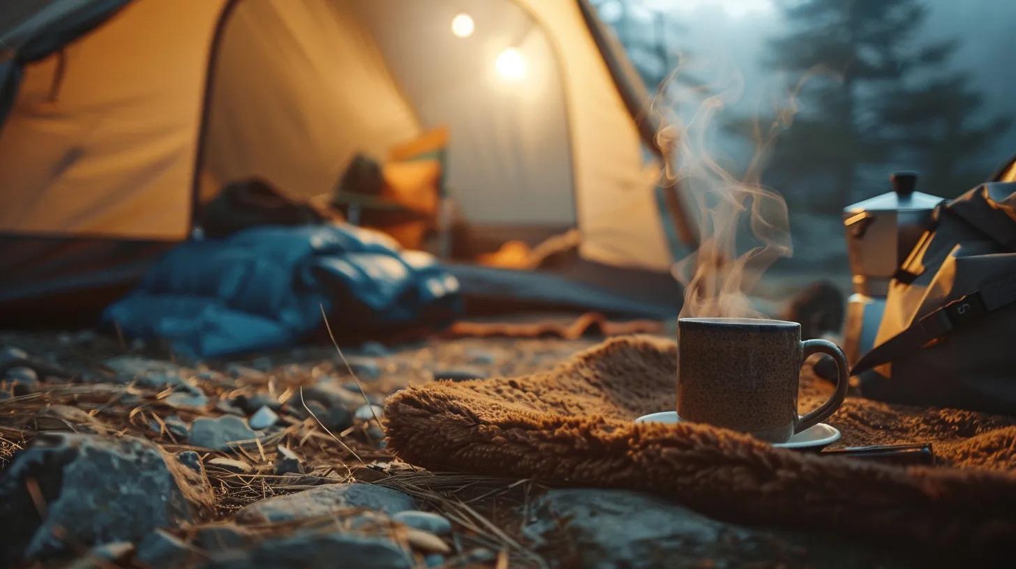 a cozy camping setup featuring a steaming cup of richly customized coffee, with a backdrop of a rugged tent and outdoor gear, highlighting the inviting warmth and creativity of personalized brewing in an adventurous setting. a cozy camping setup featuring a steaming cup of richly customized coffee, with a backdrop of a rugged tent and outdoor gear, highlighting the inviting warmth and creativity of personalized brewing in an adventurous setting.