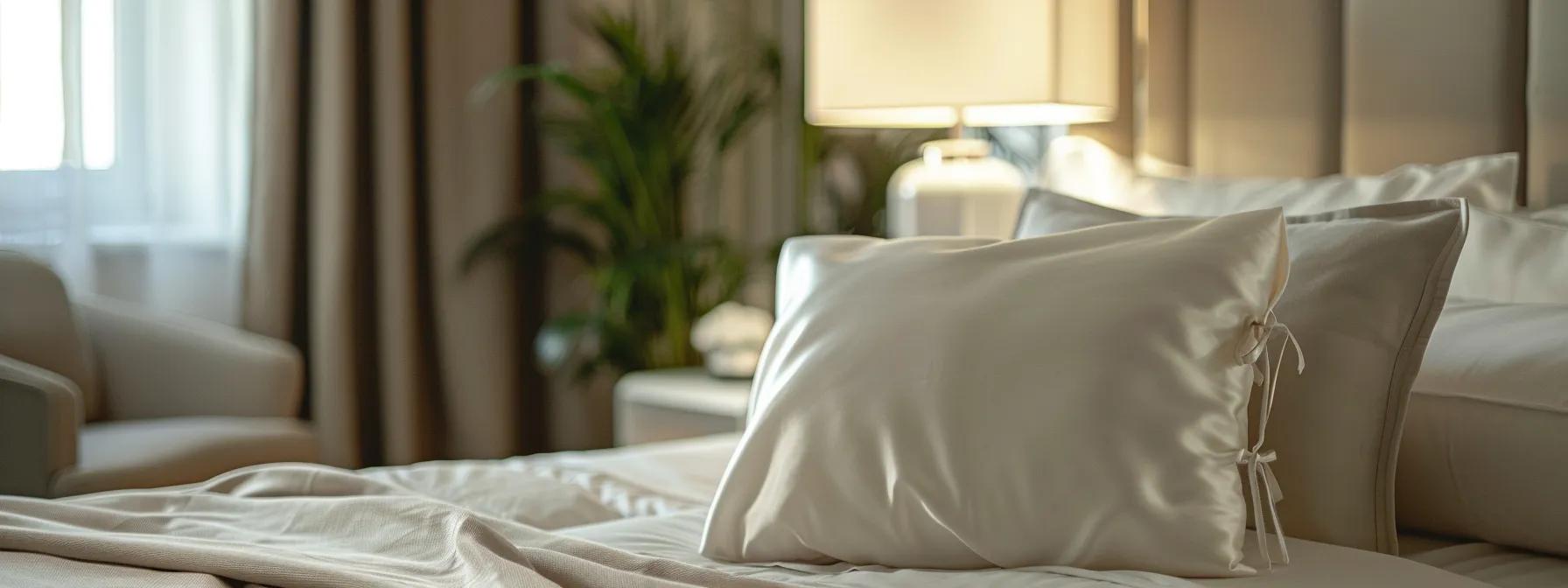 A neatly made bed with a silk pillowcase in a softly lit room, highlighting protective sleeping strategies like using silk pillows to reduce hair friction and prevent tangling overnight. A neatly made bed with a silk pillowcase in a softly lit room, highlighting protective sleeping strategies like using silk pillows to reduce hair friction and prevent tangling overnight.