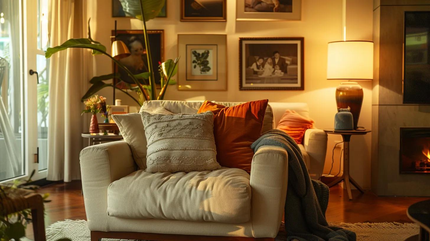 a cozy, elegantly designed living room with a plush armchair, ambient lighting, and framed family photos, capturing the essence of a nurturing retreat for dad, where every detail speaks to comfort and thoughtful curation.