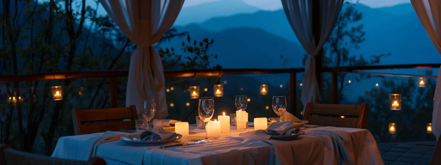 a cozy, elegantly set dining table on a charming blue ridge veranda, adorned with flickering candles and soft fabric drapes, inviting couples to indulge in an intimate romantic dinner under the soft glow of ambient lighting.