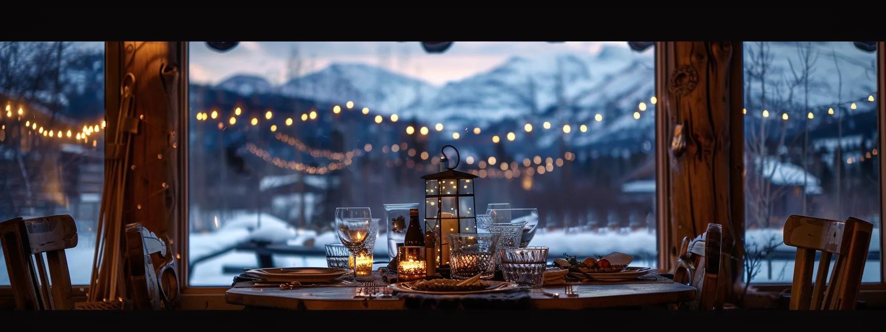 a cozy, elegantly set table for two beneath a twinkling string of lights, surrounded by the warm ambiance of a rustic cabin with large windows showcasing distant mountain peaks, perfect for a romantic evening.