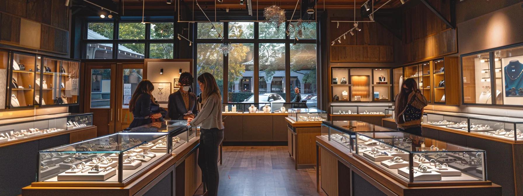 a cozy, elegantly styled jewelry boutique showcases a diverse selection of matching wedding bands on minimalist displays, with couples browsing thoughtfully in the soft, ambient lighting. a cozy, elegantly styled jewelry boutique showcases a diverse selection of matching wedding bands on minimalist displays, with couples browsing thoughtfully in the soft, ambient lighting.