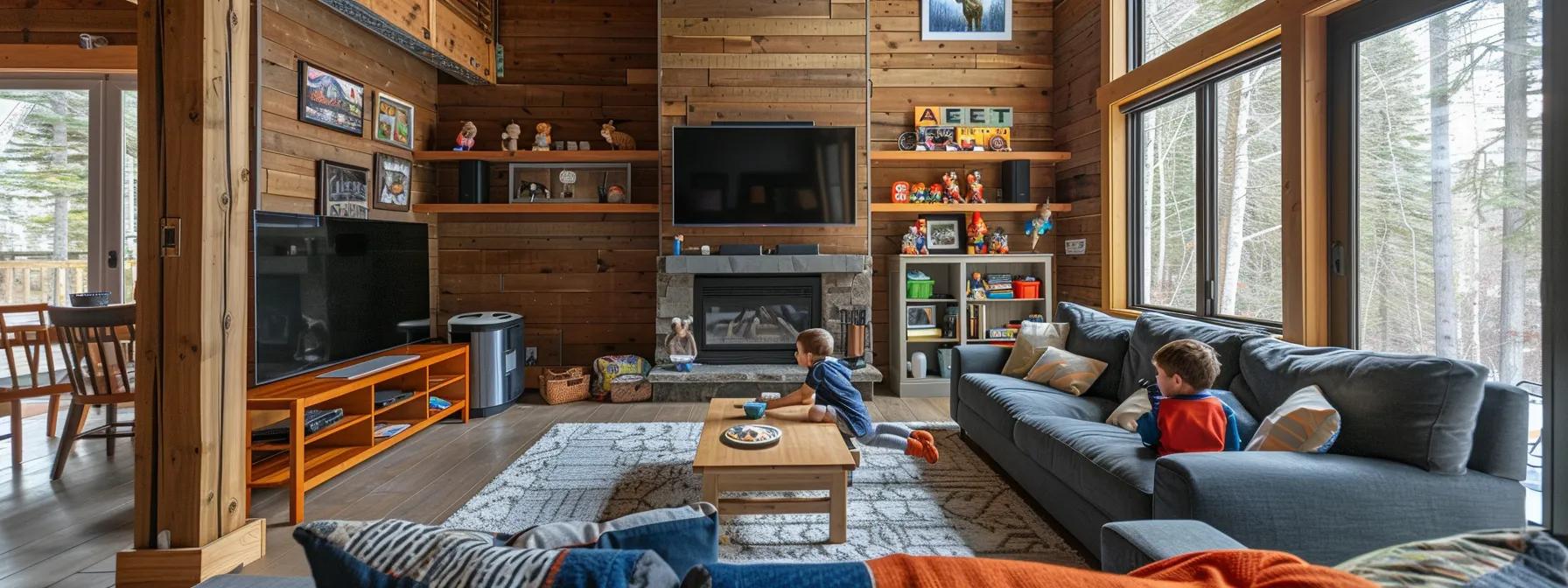 a cozy family retreat in a modern cabin setting features a spacious living area with comfortable furnishings, vibrant decor inspired by a bigfoot theme, and children engaging in playful activities, embodying the spirit of adventure and bonding in a welcoming indoor atmosphere. a cozy family retreat in a modern cabin setting features a spacious living area with comfortable furnishings, vibrant decor inspired by a bigfoot theme, and children engaging in playful activities, embodying the spirit of adventure and bonding in a welcoming indoor atmosphere.
