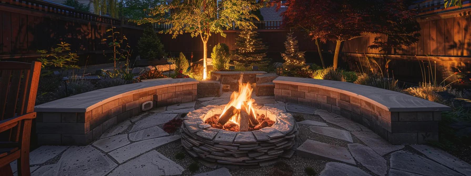 a cozy fire pit, surrounded by concrete seating, glowing warmly in a beautifully landscaped patio setting. a cozy fire pit, surrounded by concrete seating, glowing warmly in a beautifully landscaped patio setting.