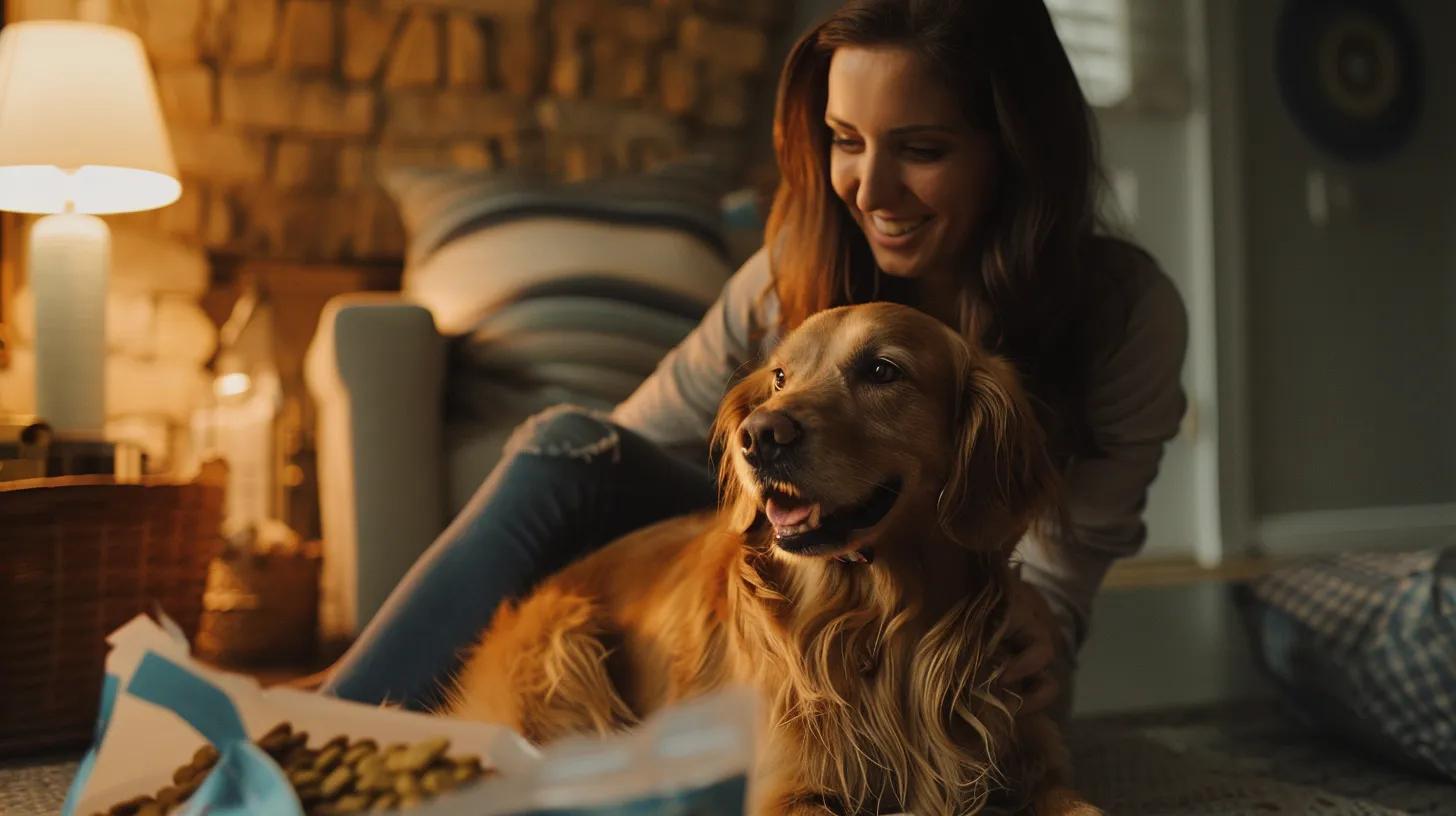 a cozy home setting reveals a pet owner sitting with their dog, surrounded by open bags of nutrisource pet food, while sharing heartfelt stories and feedback about the positive impact on their pet's health, illuminated by warm indoor lighting that enhances the intimate atmosphere. a cozy home setting reveals a pet owner sitting with their dog, surrounded by open bags of nutrisource pet food, while sharing heartfelt stories and feedback about the positive impact on their pet's health, illuminated by warm indoor lighting that enhances the intimate atmosphere.