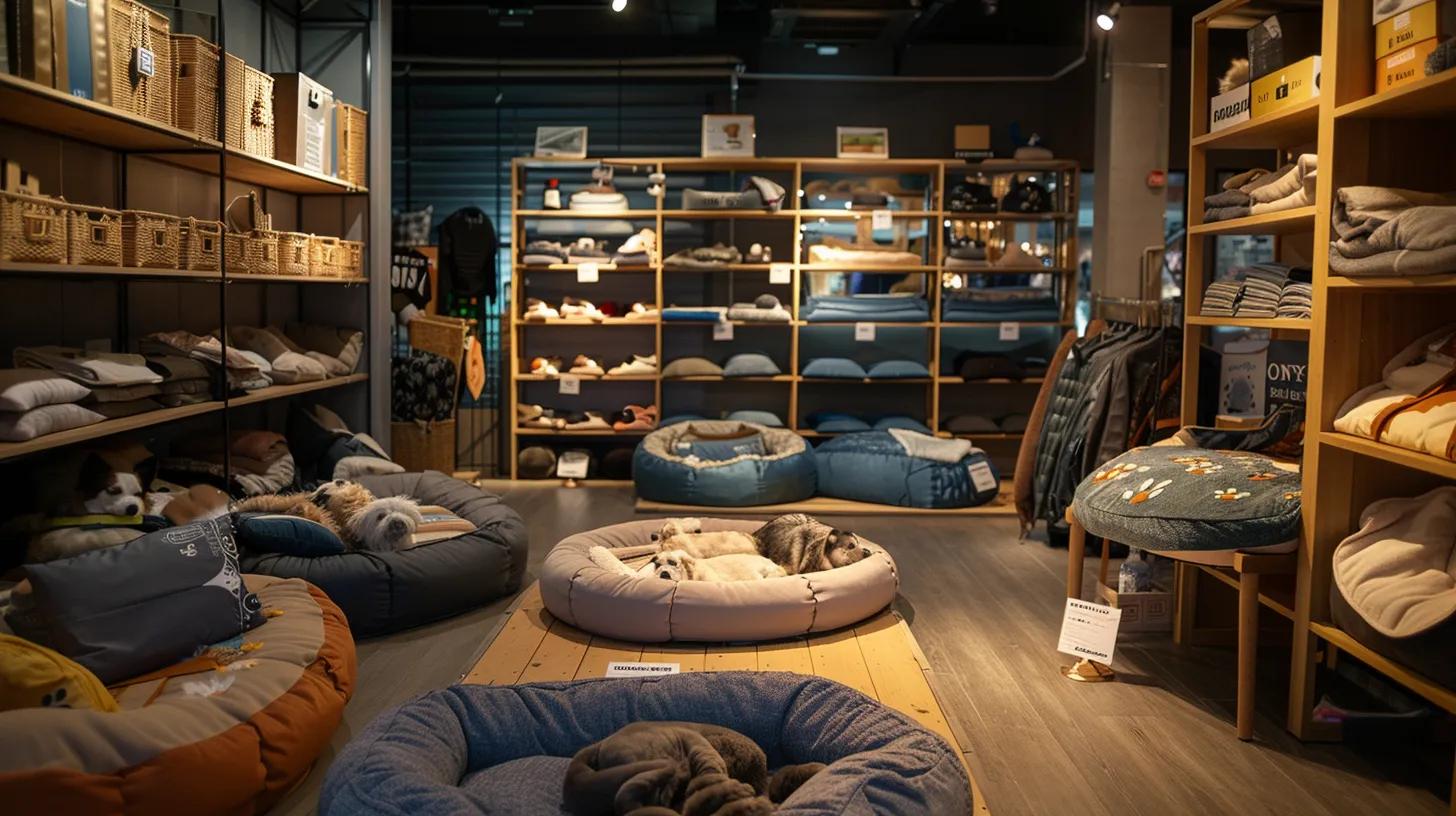 a cozy indoor pet store displays a range of indestructible dog beds in various shapes and sizes, highlighting the distinct sleeping styles of different dog breeds showcased in stylish settings. a cozy indoor pet store displays a range of indestructible dog beds in various shapes and sizes, highlighting the distinct sleeping styles of different dog breeds showcased in stylish settings.