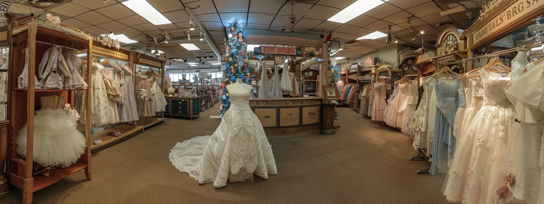 a cozy, inviting bridal shop interior in salt lake county showcases elegant wedding gowns on display, featuring clear pricing tags and promotional signs for discounts and rental options, emphasizing a budget-friendly shopping atmosphere. a cozy, inviting bridal shop interior in salt lake county showcases elegant wedding gowns on display, featuring clear pricing tags and promotional signs for discounts and rental options, emphasizing a budget-friendly shopping atmosphere.