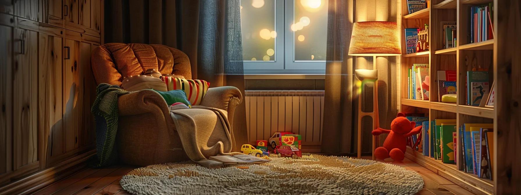 a cozy, inviting home reading nook features a plush chair and a colorful bookshelf filled with children’s books, bathed in warm, ambient lighting that sets the stage for intimate storytime between a parent and child. a cozy, inviting home reading nook features a plush chair and a colorful bookshelf filled with children’s books, bathed in warm, ambient lighting that sets the stage for intimate storytime between a parent and child.