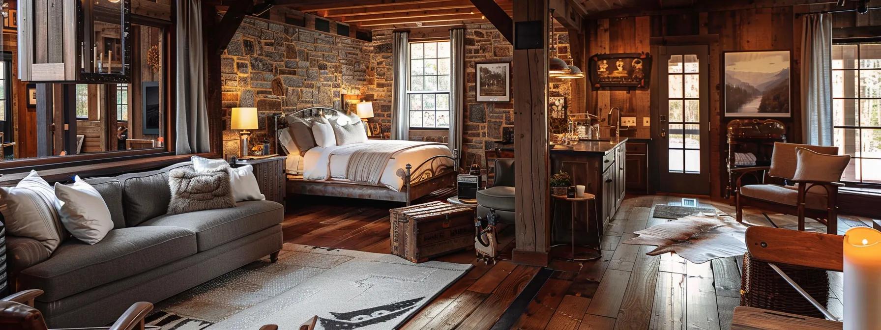 a cozy, inviting interior of a uniquely designed bed and breakfast in blue ridge, georgia, showcasing a blend of rustic charm and modern amenities, illuminated by warm, ambient lighting that accentuates the stylish decor and creates an inviting atmosphere for guests. a cozy, inviting interior of a uniquely designed bed and breakfast in blue ridge, georgia, showcasing a blend of rustic charm and modern amenities, illuminated by warm, ambient lighting that accentuates the stylish decor and creates an inviting atmosphere for guests.