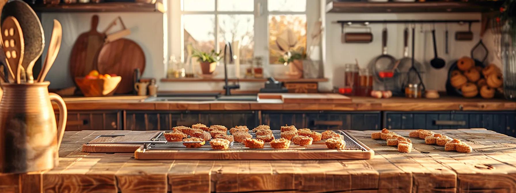 a cozy kitchen setting features a rustic wooden countertop, where a perfectly baked batch of golden-brown dog treats cools on a wire rack, surrounded by the enticing aroma of freshly made snacks and charming baking utensils. a cozy kitchen setting features a rustic wooden countertop, where a perfectly baked batch of golden-brown dog treats cools on a wire rack, surrounded by the enticing aroma of freshly made snacks and charming baking utensils.