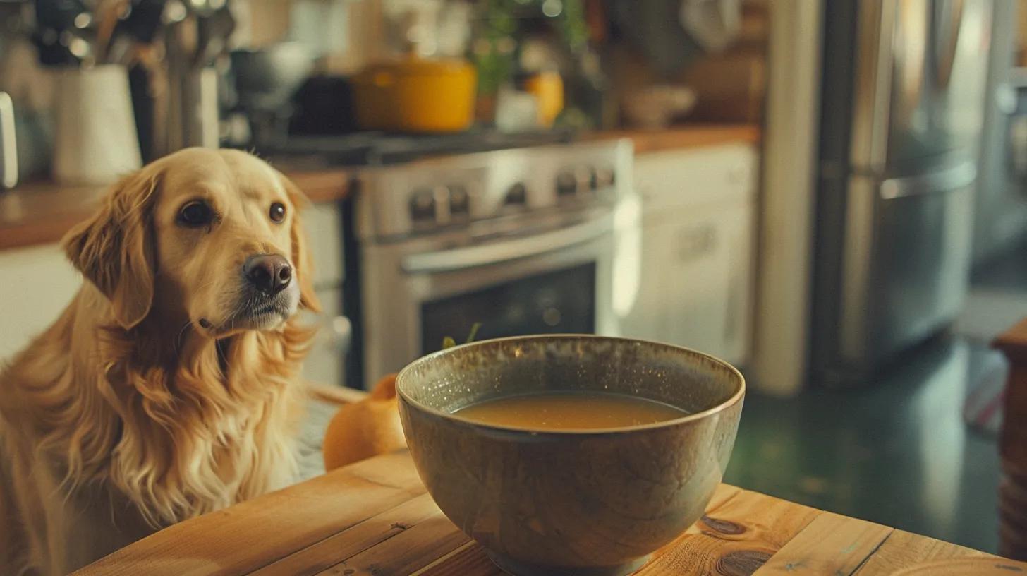 a cozy kitchen setting showcases a gleaming ceramic bowl filled with homemade bone broth, positioned prominently on a rustic wooden countertop, while a curious dog eagerly approaches with anticipation in its eyes. a cozy kitchen setting showcases a gleaming ceramic bowl filled with homemade bone broth, positioned prominently on a rustic wooden countertop, while a curious dog eagerly approaches with anticipation in its eyes.