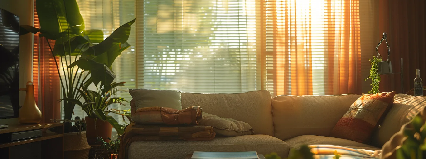 a cozy living room featuring a large, sunny window adorned with sleek cellular shades, elegant blinds, and stylish draperies, creating a comfortable and inviting atmosphere in a riverside home. a cozy living room featuring a large, sunny window adorned with sleek cellular shades, elegant blinds, and stylish draperies, creating a comfortable and inviting atmosphere in a riverside home.