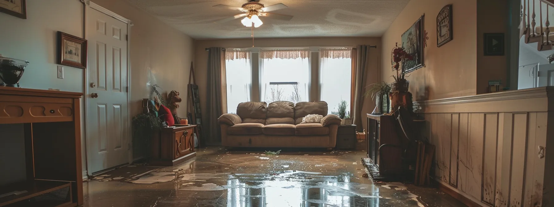 a cozy living room with subtle signs of light water damage, featuring a discolored ceiling and slight mold growth in the corners, illuminated by warm, natural light streaming through a window, evoking the need for urgent water restoration services.