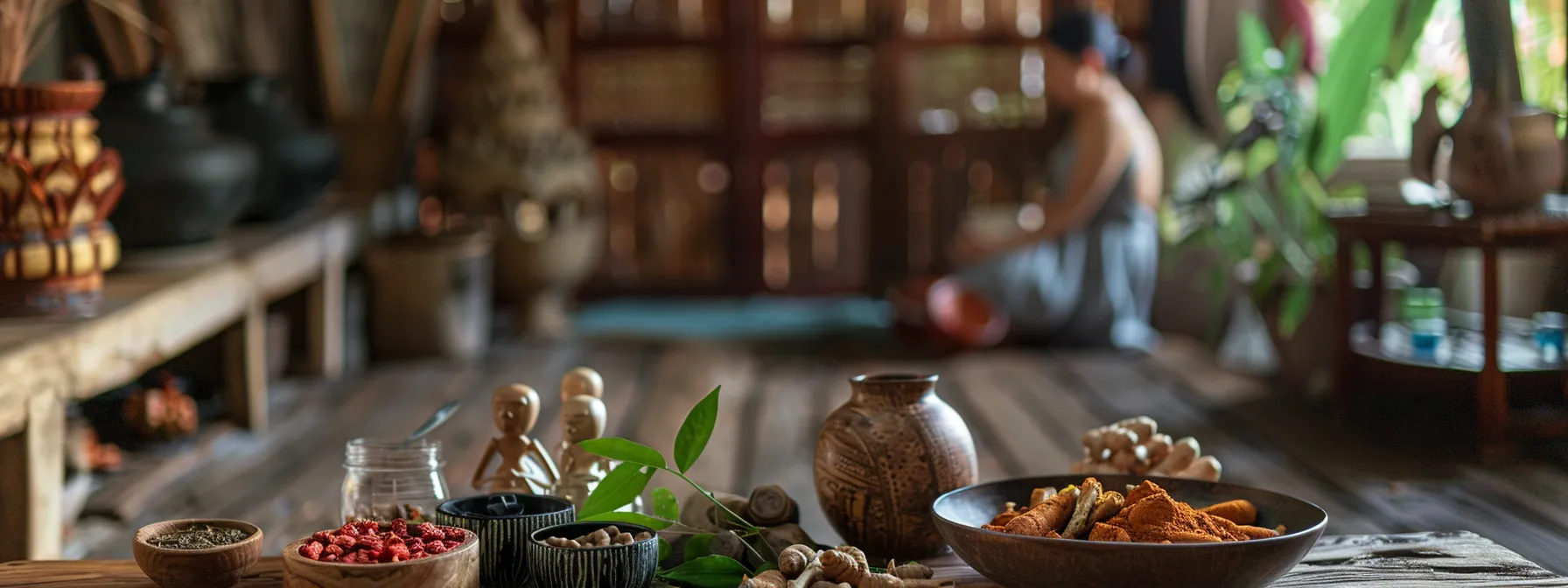 a cozy malaysian wellness studio, adorned with traditional decor, showcases ashwagandha root and herbal preparations on a rustic wooden table, while a health enthusiast engages in meditation, embodying the integration of holistic practices into daily life. a cozy malaysian wellness studio, adorned with traditional decor, showcases ashwagandha root and herbal preparations on a rustic wooden table, while a health enthusiast engages in meditation, embodying the integration of holistic practices into daily life.