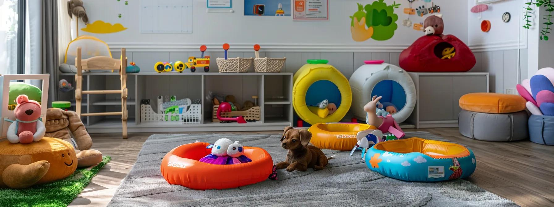 a cozy, modern dog playroom filled with vibrant fetch toys designed specifically for small dogs, showcasing a clean and safe environment with visible labels indicating safety standards and quality checks on the toy packaging. a cozy, modern dog playroom filled with vibrant fetch toys designed specifically for small dogs, showcasing a clean and safe environment with visible labels indicating safety standards and quality checks on the toy packaging.