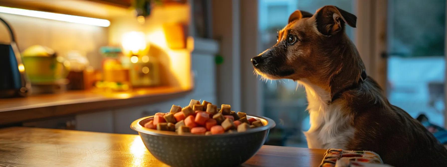 a cozy, modern kitchen setting showcases a shiny, bowl filled with colorful, hypoallergenic dog treats, alongside an attentive dog curiously eyeing the treats with a hopeful expression, softly illuminated by warm indoor lighting. a cozy, modern kitchen setting showcases a shiny, bowl filled with colorful, hypoallergenic dog treats, alongside an attentive dog curiously eyeing the treats with a hopeful expression, softly illuminated by warm indoor lighting.