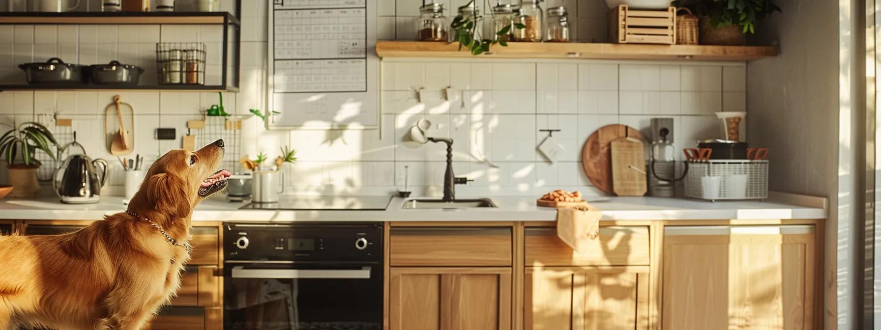 a cozy, modern kitchen showcases a dog eagerly sniffing a vibrant bowl of salmon-centric wet dog food, with a well-organized chart on the wall illustrating a gradual dietary transition plan. a cozy, modern kitchen showcases a dog eagerly sniffing a vibrant bowl of salmon-centric wet dog food, with a well-organized chart on the wall illustrating a gradual dietary transition plan.