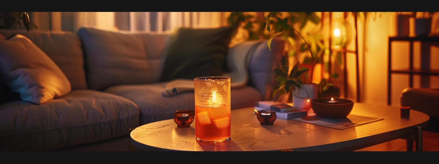 a cozy, modern living room setting features a chic, illuminated coffee table holding elegantly designed thc-infused beverages alongside soft lighting and calming decor, creating an inviting atmosphere for relaxation and mindful consumption. a cozy, modern living room setting features a chic, illuminated coffee table holding elegantly designed thc-infused beverages alongside soft lighting and calming decor, creating an inviting atmosphere for relaxation and mindful consumption.