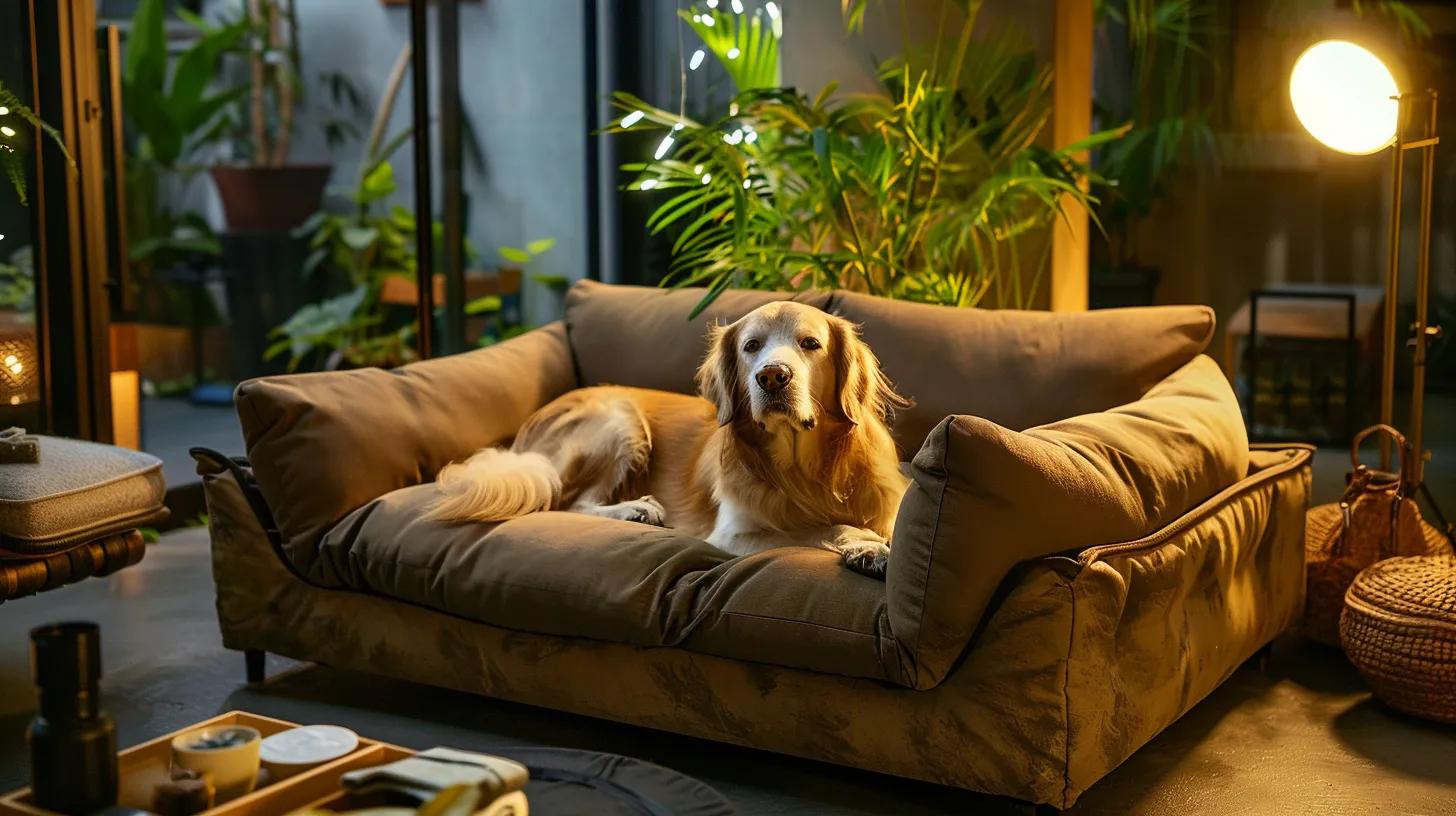 a cozy, modern living room showcases a content dog lounging comfortably on a durable, plush bed, with soft lighting highlighting its relaxed expression, while various pet accessories are neatly organized around the space, emphasizing the focus on pet comfort and satisfaction. a cozy, modern living room showcases a content dog lounging comfortably on a durable, plush bed, with soft lighting highlighting its relaxed expression, while various pet accessories are neatly organized around the space, emphasizing the focus on pet comfort and satisfaction.