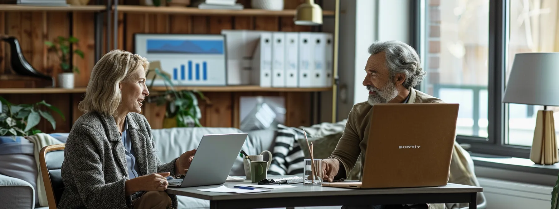 a cozy, modern office space features a middle-aged couple engaged in a thoughtful discussion at a sleek table, with contrasting pricing charts for phonak and jabra hearing aids displayed on a laptop screen, emphasizing their commitment to making informed financial decisions.