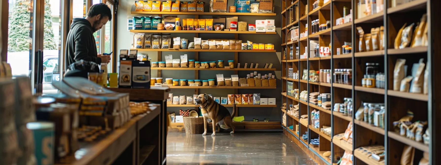 a cozy, modern pet supply store showcases various high-quality rawhide chews prominently displayed on polished wooden shelves, with an attentive dog owner reading package labels in a warm, inviting atmosphere. a cozy, modern pet supply store showcases various high-quality rawhide chews prominently displayed on polished wooden shelves, with an attentive dog owner reading package labels in a warm, inviting atmosphere.