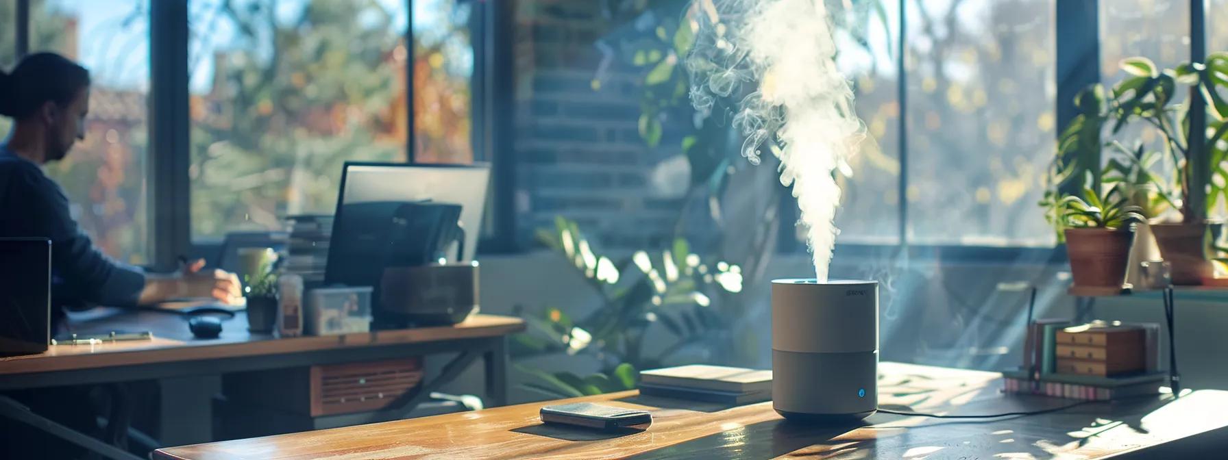 a cozy office environment features a sleek desk with a modern humidifier emitting a gentle mist, while a figure sits thoughtfully, practicing soft vocal exercises, embodying the essence of effective vocal rest techniques. a cozy office environment features a sleek desk with a modern humidifier emitting a gentle mist, while a figure sits thoughtfully, practicing soft vocal exercises, embodying the essence of effective vocal rest techniques.