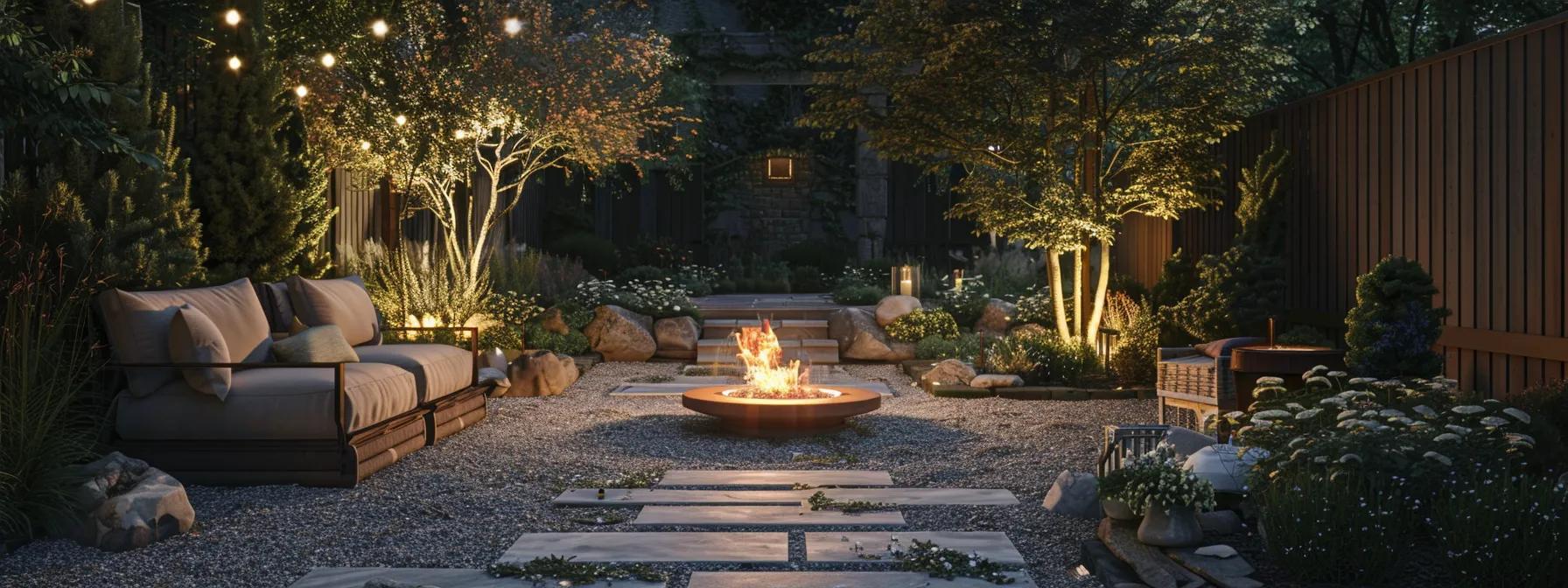 a cozy outdoor patio featuring a fire pit surrounded by comfortable seating, illuminated by warm lighting, and accented with landscaped elements. a cozy outdoor patio featuring a fire pit surrounded by comfortable seating, illuminated by warm lighting, and accented with landscaped elements.