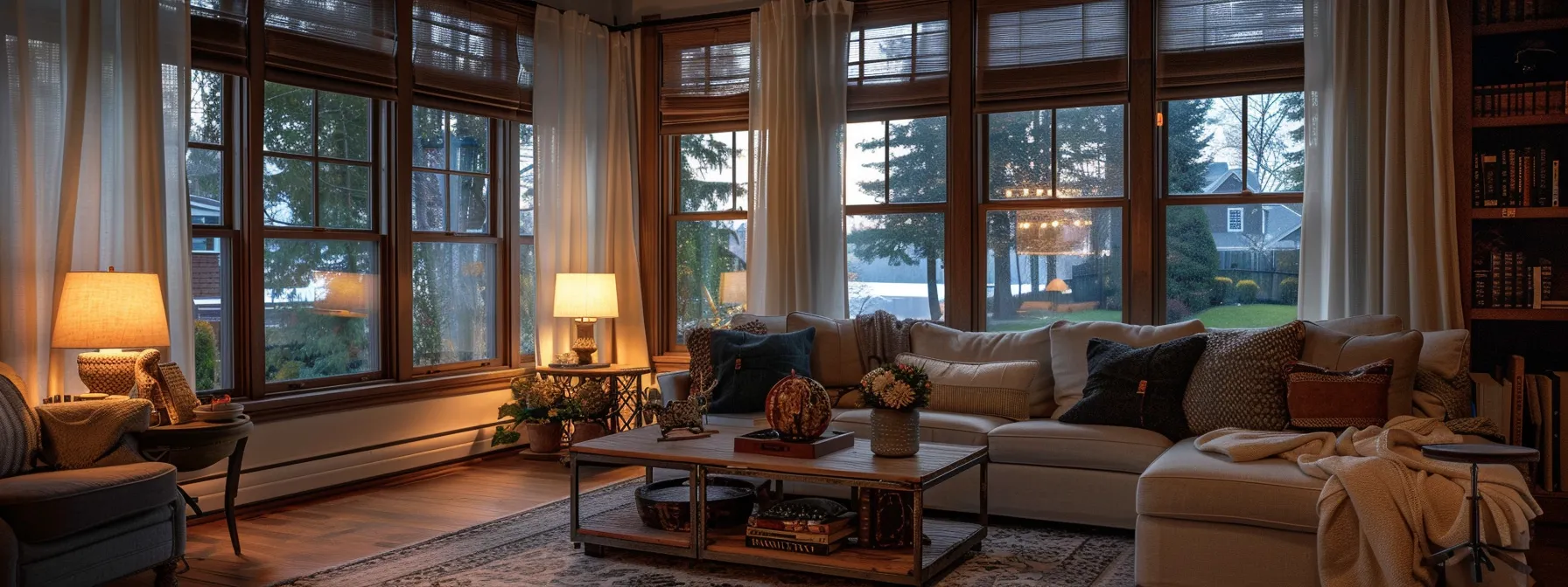 a cozy riverside living room with custom window treatments designed to suit the local climate, offering both comfort and style. a cozy riverside living room with custom window treatments designed to suit the local climate, offering both comfort and style.