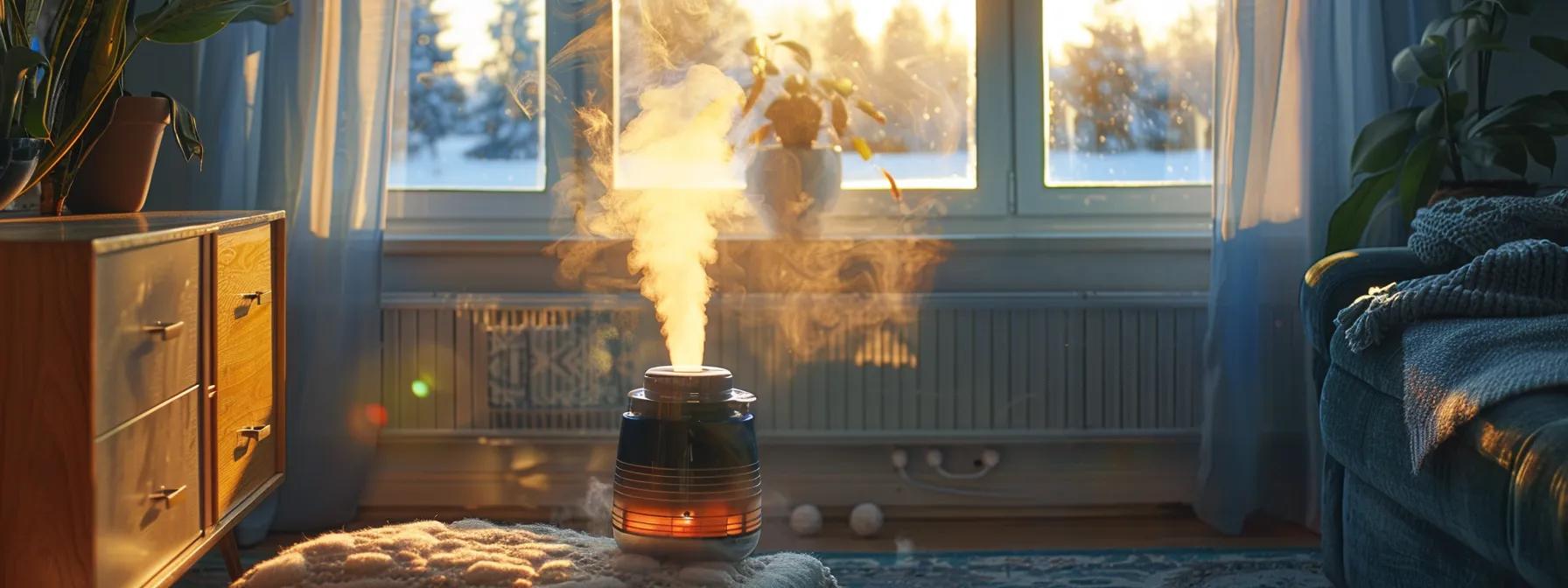 a cozy room featuring a gently steaming humidifier beside a window framed by frost, casting a warm glow on the winter landscape outside. a cozy room featuring a gently steaming humidifier beside a window framed by frost, casting a warm glow on the winter landscape outside.
