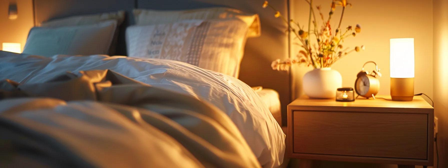 a cozy, softly lit bedroom with a neatly made bed, emphasizing the tranquility and comfort necessary for restful sleep, while a sleek bedside table holds a stylish alarm clock indicating a peaceful nighttime routine. a cozy, softly lit bedroom with a neatly made bed, emphasizing the tranquility and comfort necessary for restful sleep, while a sleek bedside table holds a stylish alarm clock indicating a peaceful nighttime routine.