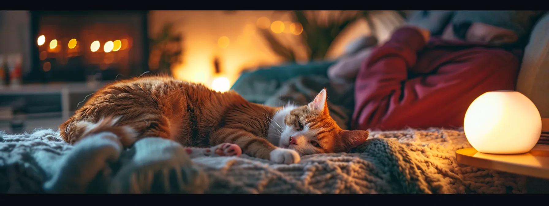 a cozy, softly lit living room features a freshly bathed cat nestled comfortably on a plush blanket, surrounded by gentle toys, while a pet owner engages in affectionate play, creating a warm atmosphere that radiates comfort and security.