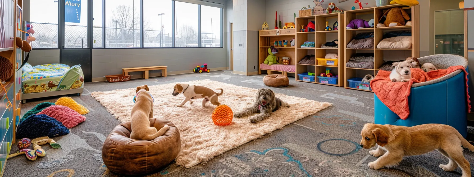 a cozy, well-lit boarding facility showcases playful doodles and retrievers happily interacting with each other, surrounded by colorful toys and cozy bedding, emphasizing a safe and welcoming environment for dogs during their stay.