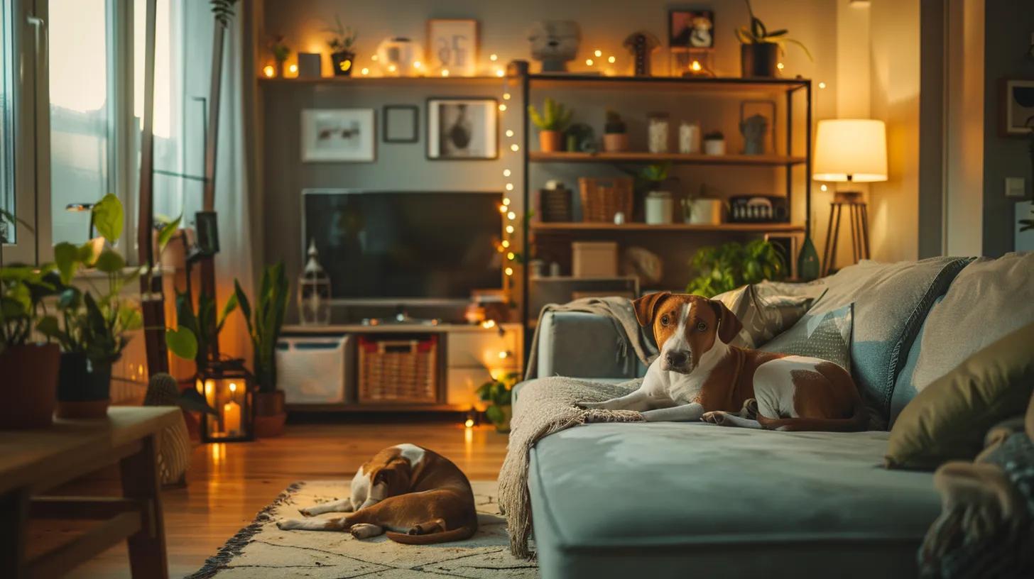 a cozy, well-organized living room adorned with pet-friendly furniture and essentials, creating a warm and inviting atmosphere for a newly adopted shelter pet to feel at home. a cozy, well-organized living room adorned with pet-friendly furniture and essentials, creating a warm and inviting atmosphere for a newly adopted shelter pet to feel at home.