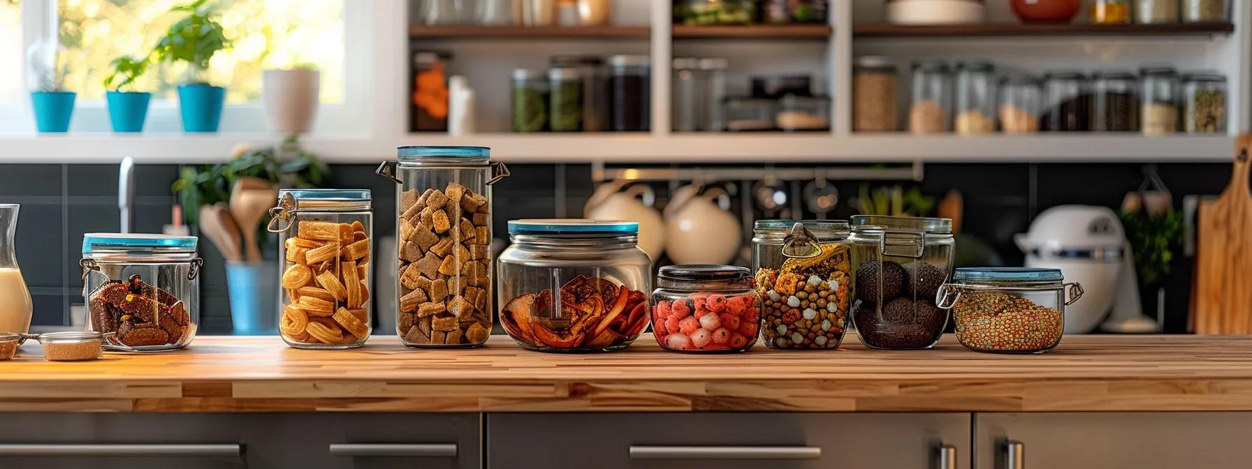 a cozy, well-organized kitchen countertop showcases an assortment of colorful, homemade dog treats alongside open containers of pet-safe ingredients, emphasizing the careful preparation involved in managing canine digestive sensitivities. a cozy, well-organized kitchen countertop showcases an assortment of colorful, homemade dog treats alongside open containers of pet-safe ingredients, emphasizing the careful preparation involved in managing canine digestive sensitivities.