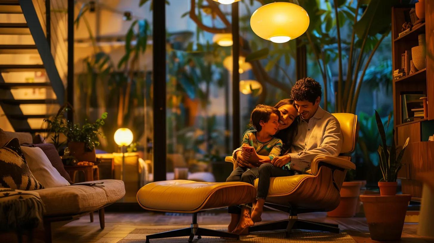 a cozy, well-organized home living space featuring a sleek ergonomic chair, surrounded by warm lighting, colorful accessories, and a family gathered together, actively cleaning and sharing moments, to emphasize the theme of transforming a home into a peaceful retreat.