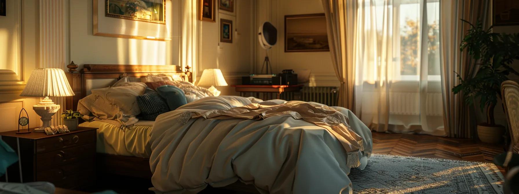 a cozy, well-decorated master suite with elegant furnishings and a serene color palette, showcasing a harmonious blend of style and functionality. a cozy, well-decorated master suite with elegant furnishings and a serene color palette, showcasing a harmonious blend of style and functionality.