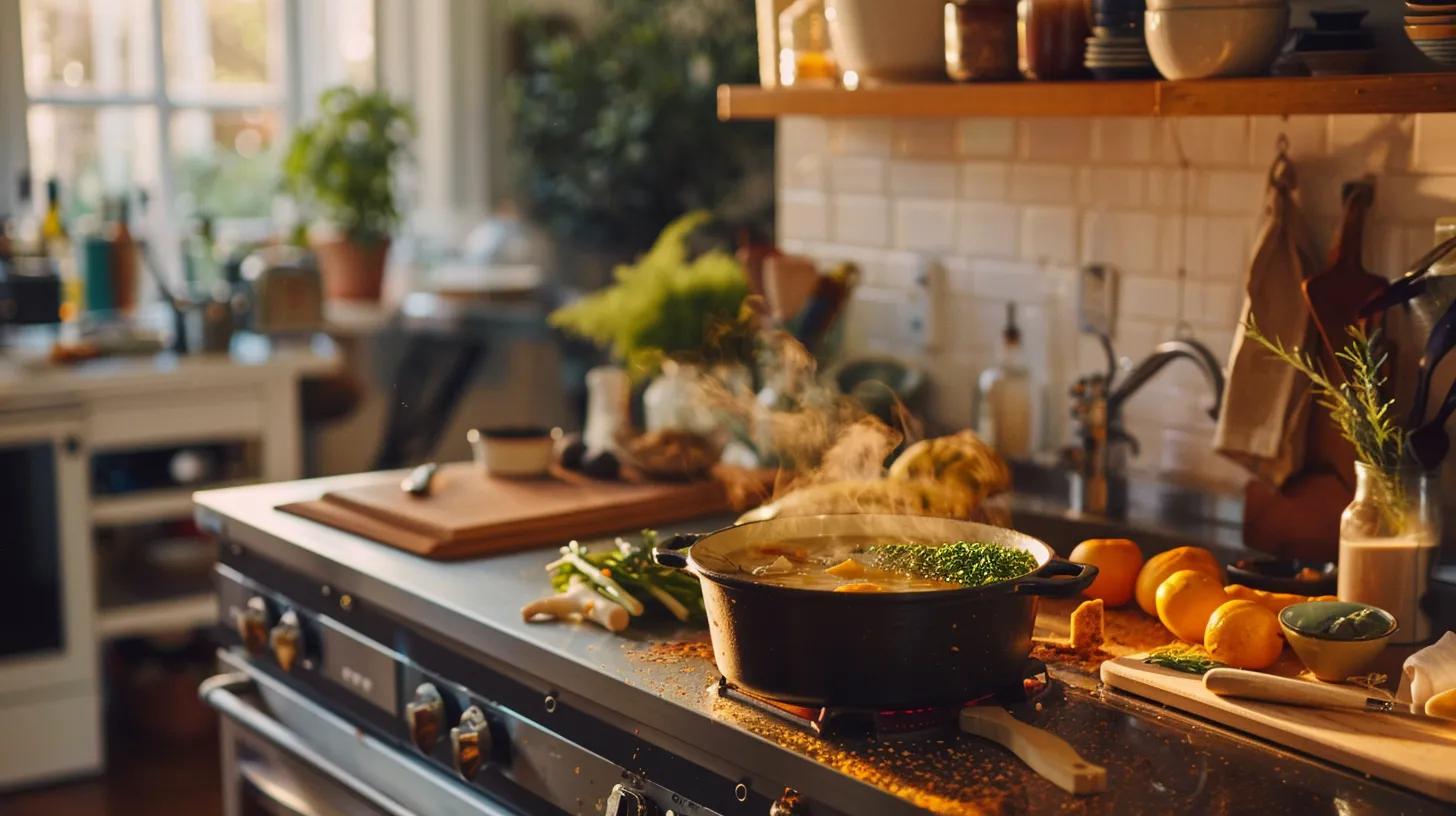 a cozy, well-organized kitchen workspace features a bubbling pot of bone broth simmering on the stove, surrounded by neatly arranged ingredients, emphasizing a warm and inviting atmosphere for crafting homemade dog meals. a cozy, well-organized kitchen workspace features a bubbling pot of bone broth simmering on the stove, surrounded by neatly arranged ingredients, emphasizing a warm and inviting atmosphere for crafting homemade dog meals.