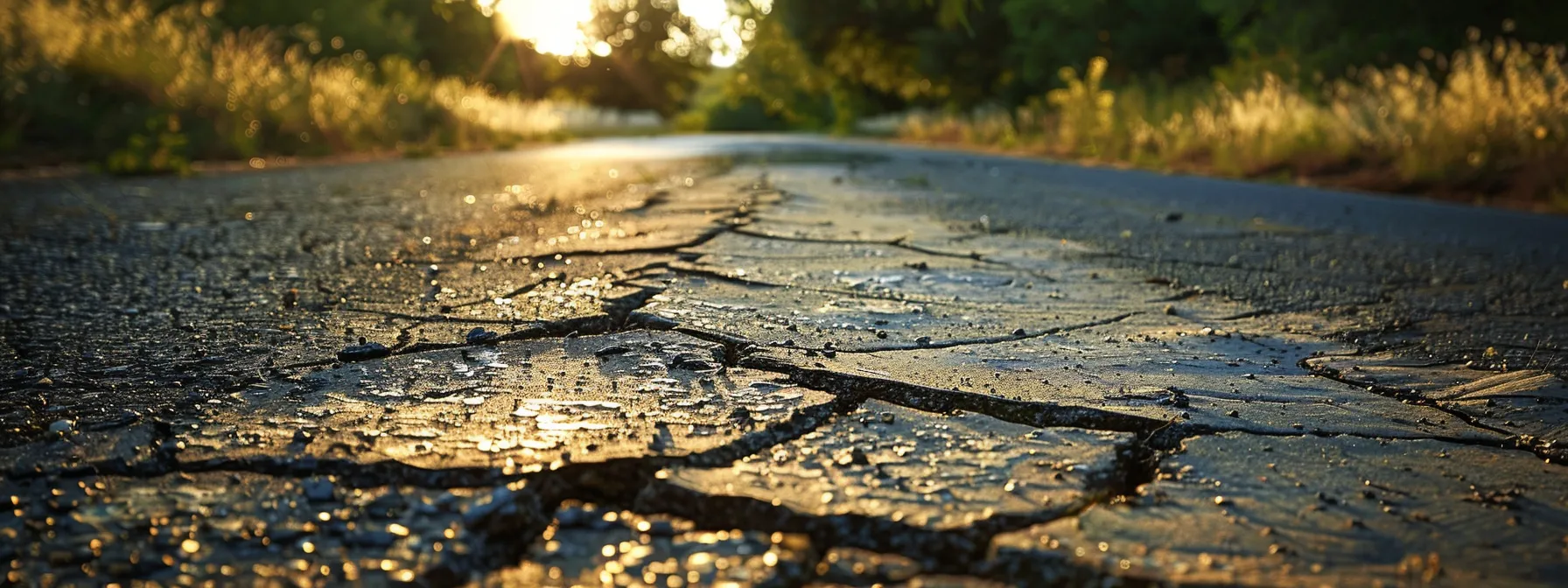 a cracked asphalt driveway glistens under soft morning light, revealing the effects of weathering and traffic, emphasizing the urgent need for crack sealing and maintenance.