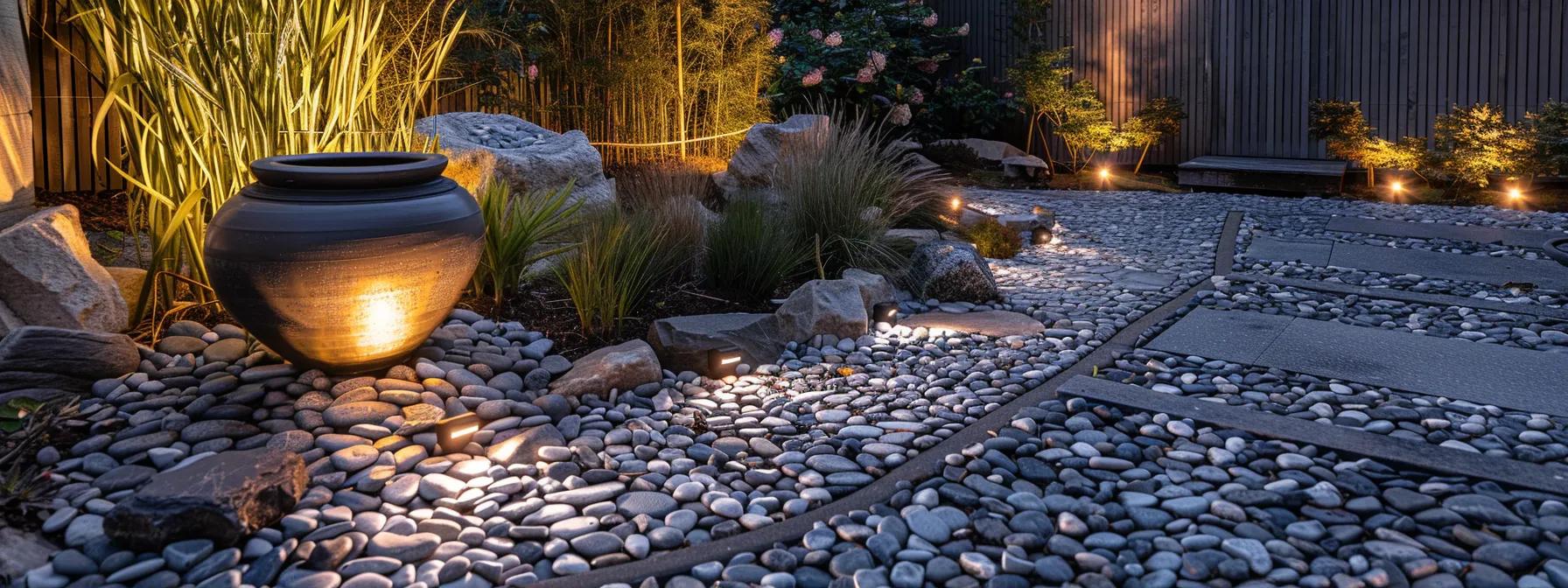 a creatively designed garden bed showcases decorative pavers and ornamental pottery, illuminated by integrated led lighting, elegantly blending art with nature to enhance the outdoor aesthetic and create a serene atmosphere. a creatively designed garden bed showcases decorative pavers and ornamental pottery, illuminated by integrated led lighting, elegantly blending art with nature to enhance the outdoor aesthetic and create a serene atmosphere.