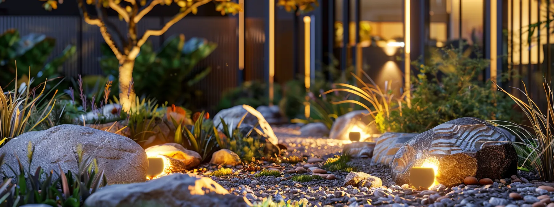 a creatively designed outdoor space features elegantly arranged boulders and varied plant life, illuminated by strategically placed lighting elements, showcasing a harmonious blend of texture and color that enhances the overall aesthetic.