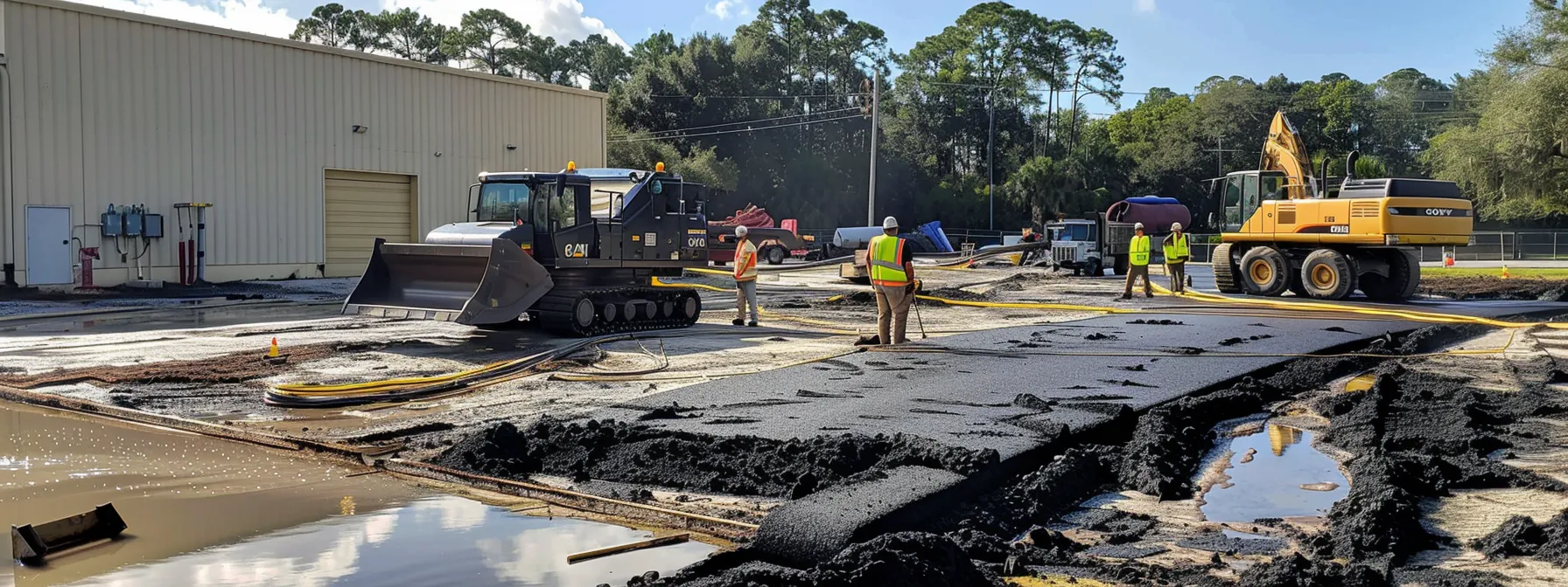 a cutting-edge asphalt maintenance scene showcases advanced machinery and high-tech software in action, reflecting enhanced efficiency and precision under bright, even lighting.